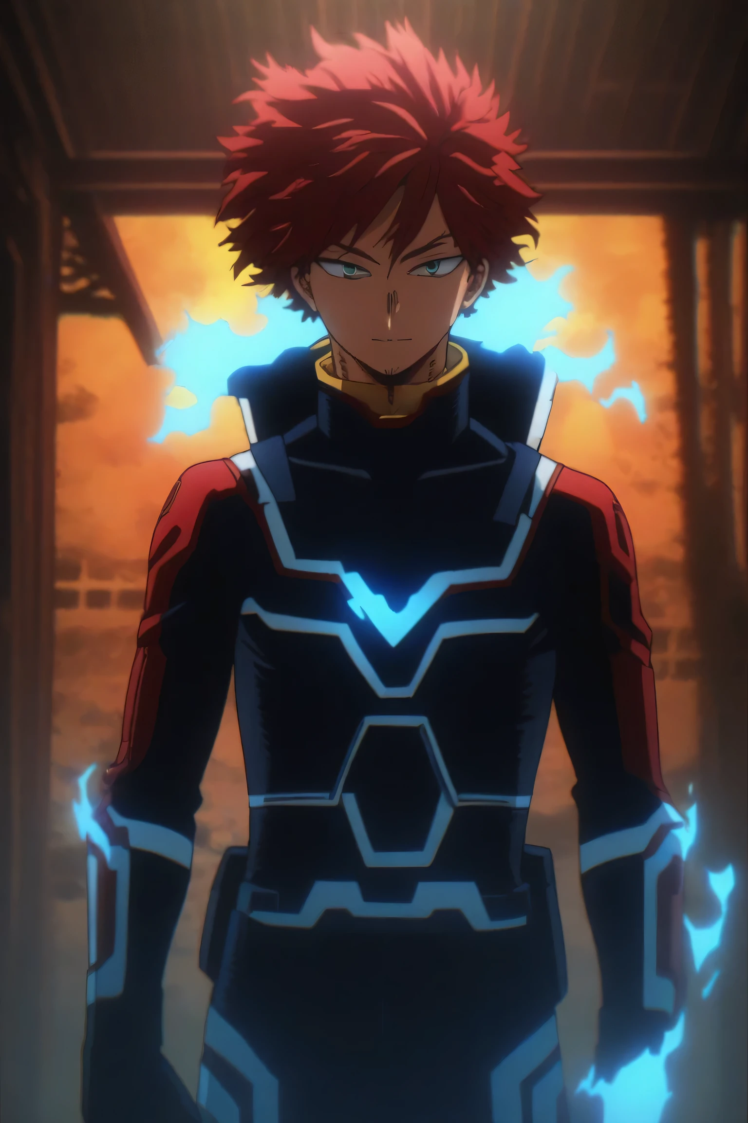 He is a 21 year old adult , has red hair, slightly disheveled, turquoise eyes, He is dressed in the Endeavor's hero suit from "my hero academia" but with blue flames, happy face, 8K, High quality, masterpiece, normal lighting, anime effect MHA , bright colors