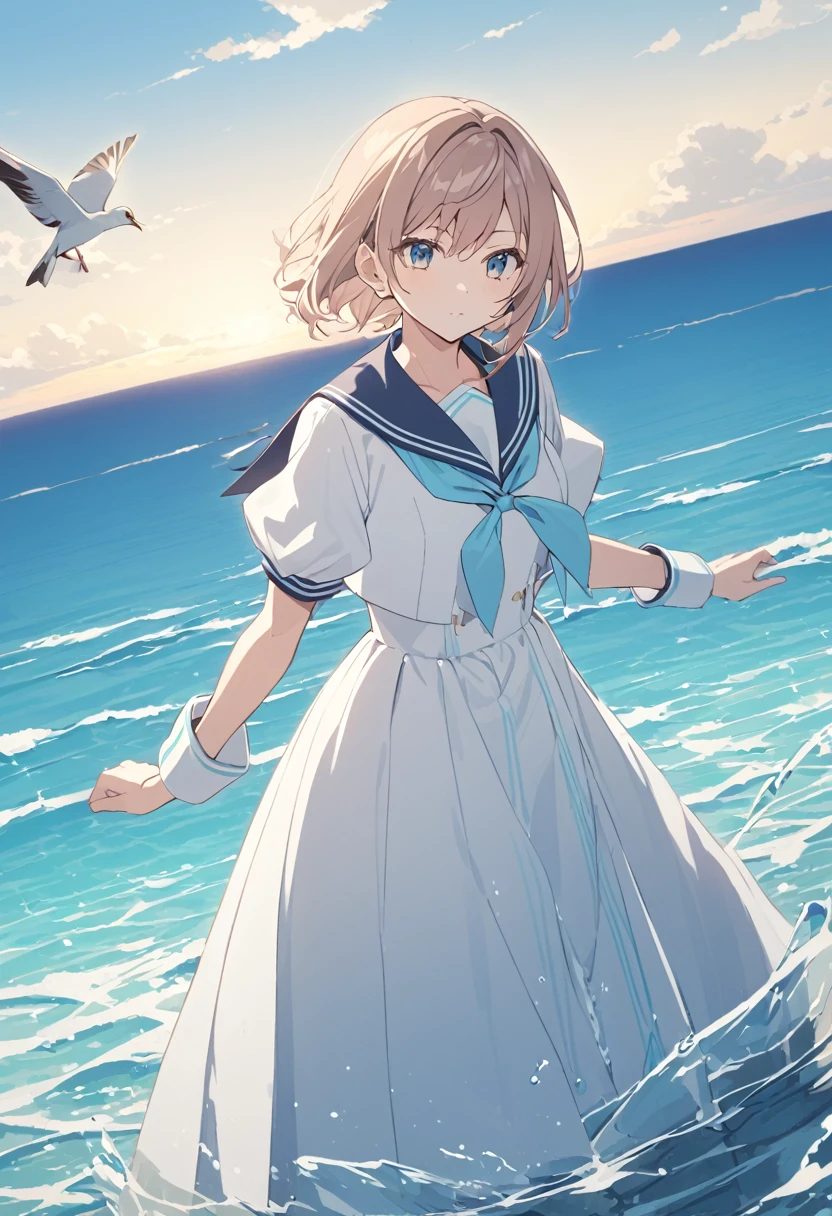 mizunashi akari, uniform, dress, white dress, Have, Sailor collar,Pocket on left chest,Blue lined pocket,Short sleeve,Puff sleeves,Cuff turn-up,two blue lines, Ocean, On the water, null, cloud, Outdoor, bird, Dutch Angle, long dress,A-line dress,blue line cape