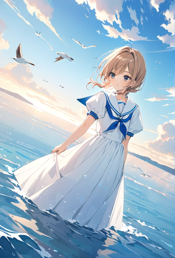 mizunashi akari, uniform, dress, white dress, Have, Sailor collar,Pocket on left chest,Blue lined pocket,Short sleeve,Puff sleeves,Cuff turn-up,two blue lines, Ocean, On the water, null, cloud, Outdoor, bird, Dutch Angle, long dress,A-line dress,blue line cape