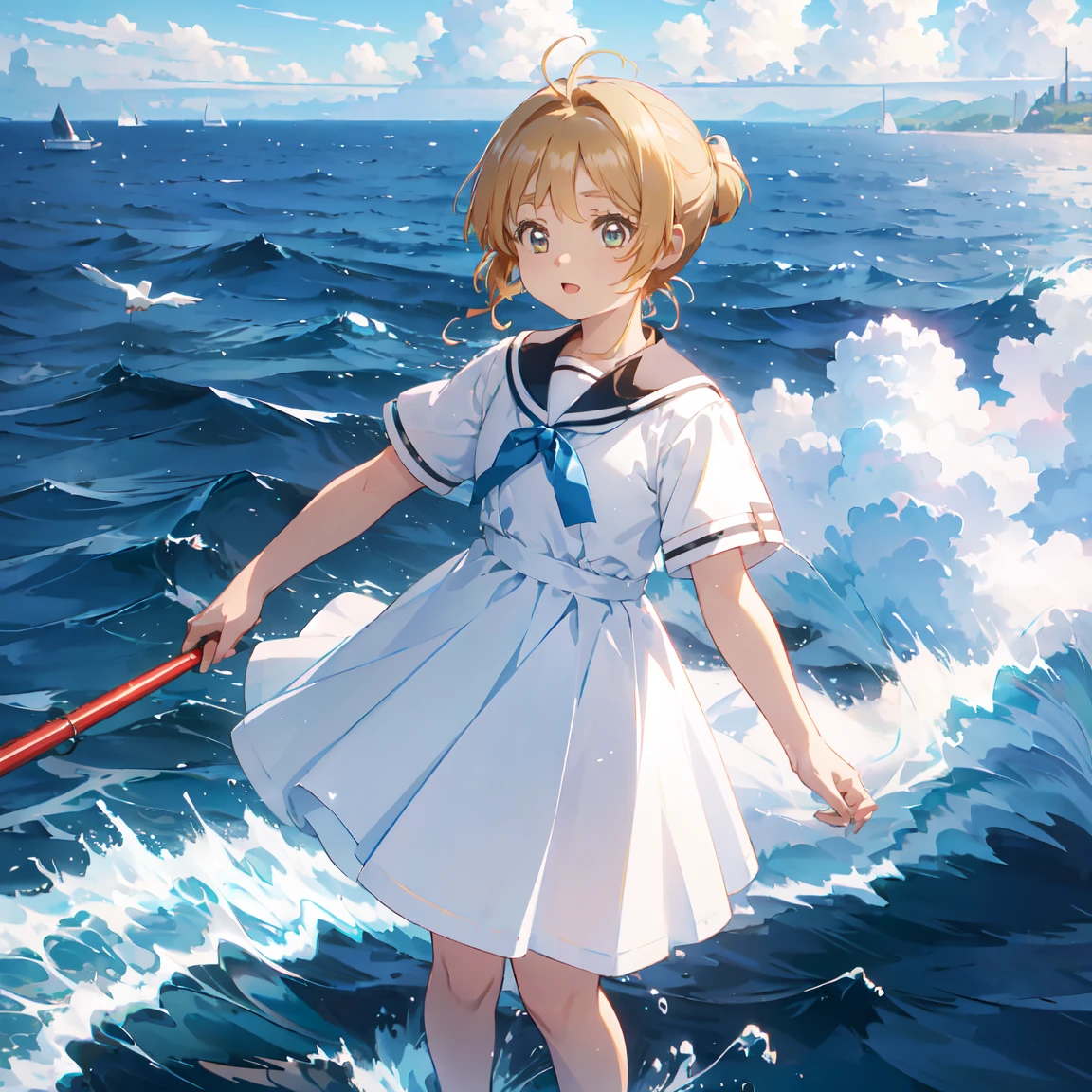 mizunashi akari, uniform, dress, white dress, Have, Sailor collar,Pocket on left chest,Blue lined pocket,Short sleeve,Puff sleeves,Cuff turn-up,two blue lines, Ocean, On the water, null, cloud, Outdoor, bird, Dutch Angle, long dress,A-line dress,blue line cape