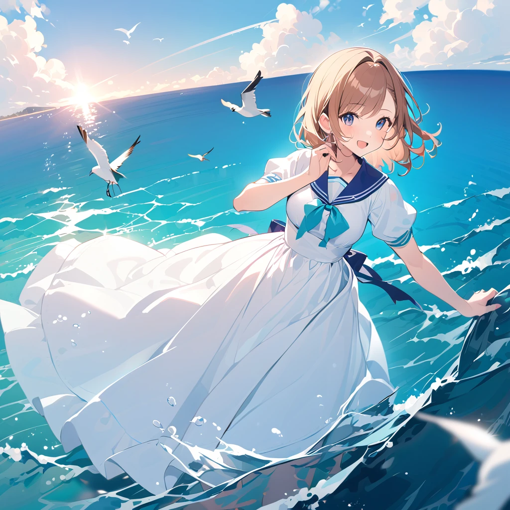 mizunashi akari, uniform, dress, white dress, Have, Sailor collar,Pocket on left chest,Blue lined pocket,Short sleeve,Puff sleeves,Cuff turn-up,two blue lines, Ocean, On the water, null, cloud, Outdoor, bird, Dutch Angle, long dress,A-line dress,blue line cape