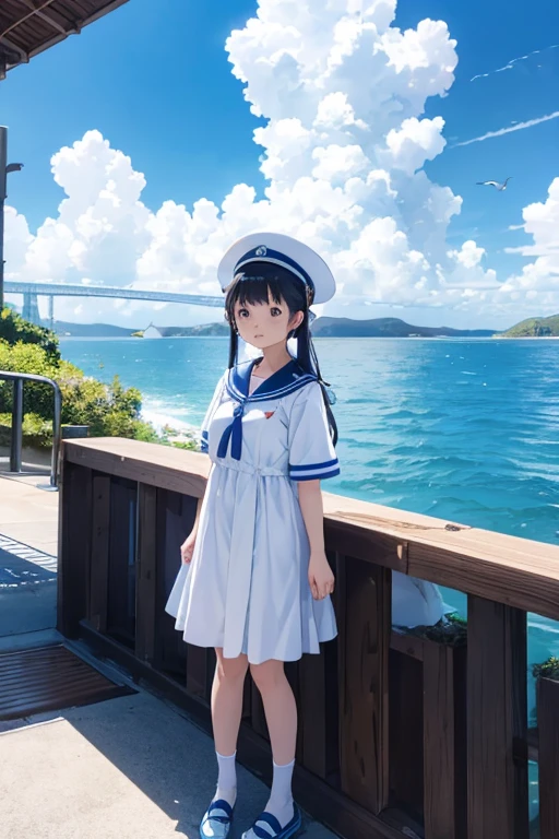 mizunashi akari, uniform, dress, white dress, Have, Sailor collar,Pocket on left chest,Blue lined pocket,Short sleeve,Puff sleeves,Cuff turn-up,two blue lines, Ocean, On the water, null, cloud, Outdoor, bird, Dutch Angle, long dress,A-line dress,blue line cape