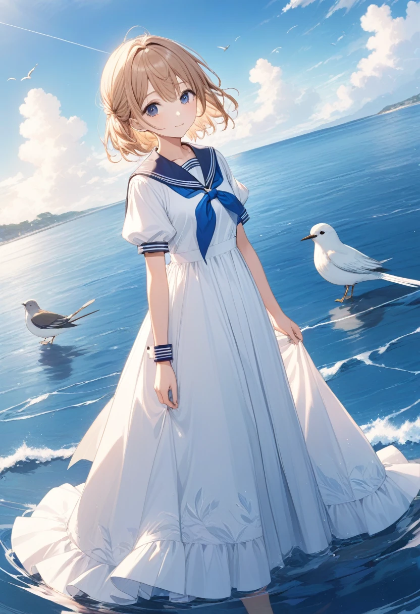 mizunashi akari, uniform, dress, white dress, Have, Sailor collar,Pocket on left chest,Blue lined pocket,Short sleeve,Puff sleeves,Cuff turn-up,two blue lines, Ocean, On the water, null, cloud, Outdoor, bird, Dutch Angle, long dress,A-line dress,blue line cape