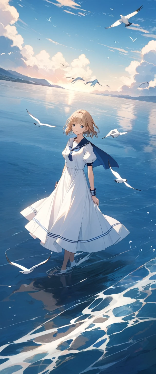 mizunashi akari, uniform, dress, white dress, Have, Sailor collar,Pocket on left chest,Blue lined pocket,Short sleeve,Puff sleeves,Cuff turn-up,two blue lines, Ocean, On the water, null, cloud, Outdoor, bird, Dutch Angle, long dress,A-line dress,blue line cape