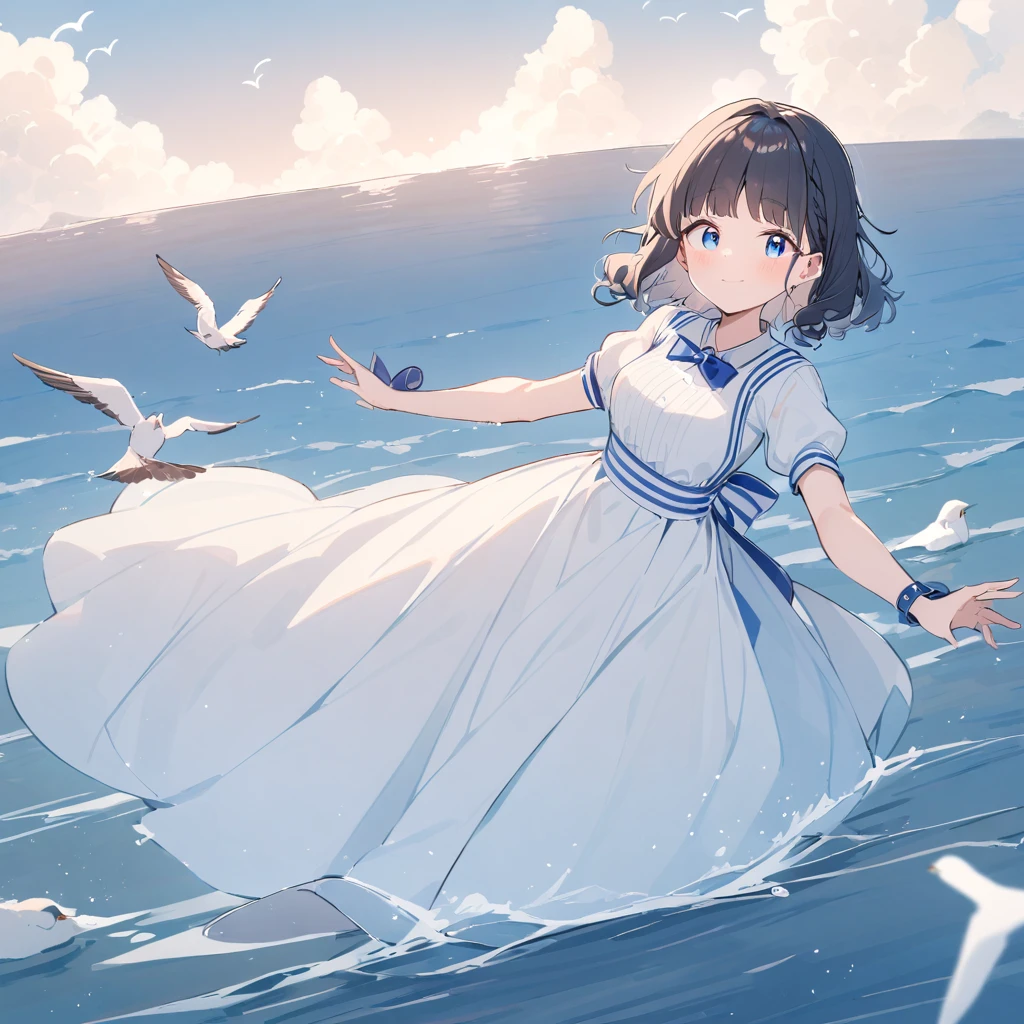 mizunashi akari, uniform, dress, white dress, Have, Sailor collar,Pocket on left chest,Blue lined pocket,Short sleeve,Puff sleeves,Cuff turn-up,two blue lines, Ocean, On the water, null, cloud, Outdoor, bird, Dutch Angle, long dress,A-line dress,blue line cape