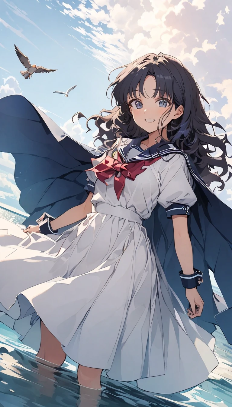 mizunashi akari, uniform, dress, white dress, Have, Sailor collar,Pocket on left chest,Blue lined pocket,Short sleeve,Puff sleeves,Cuff turn-up,two blue lines, Ocean, On the water, null, cloud, Outdoor, bird, Dutch Angle, long dress,A-line dress,blue line cape