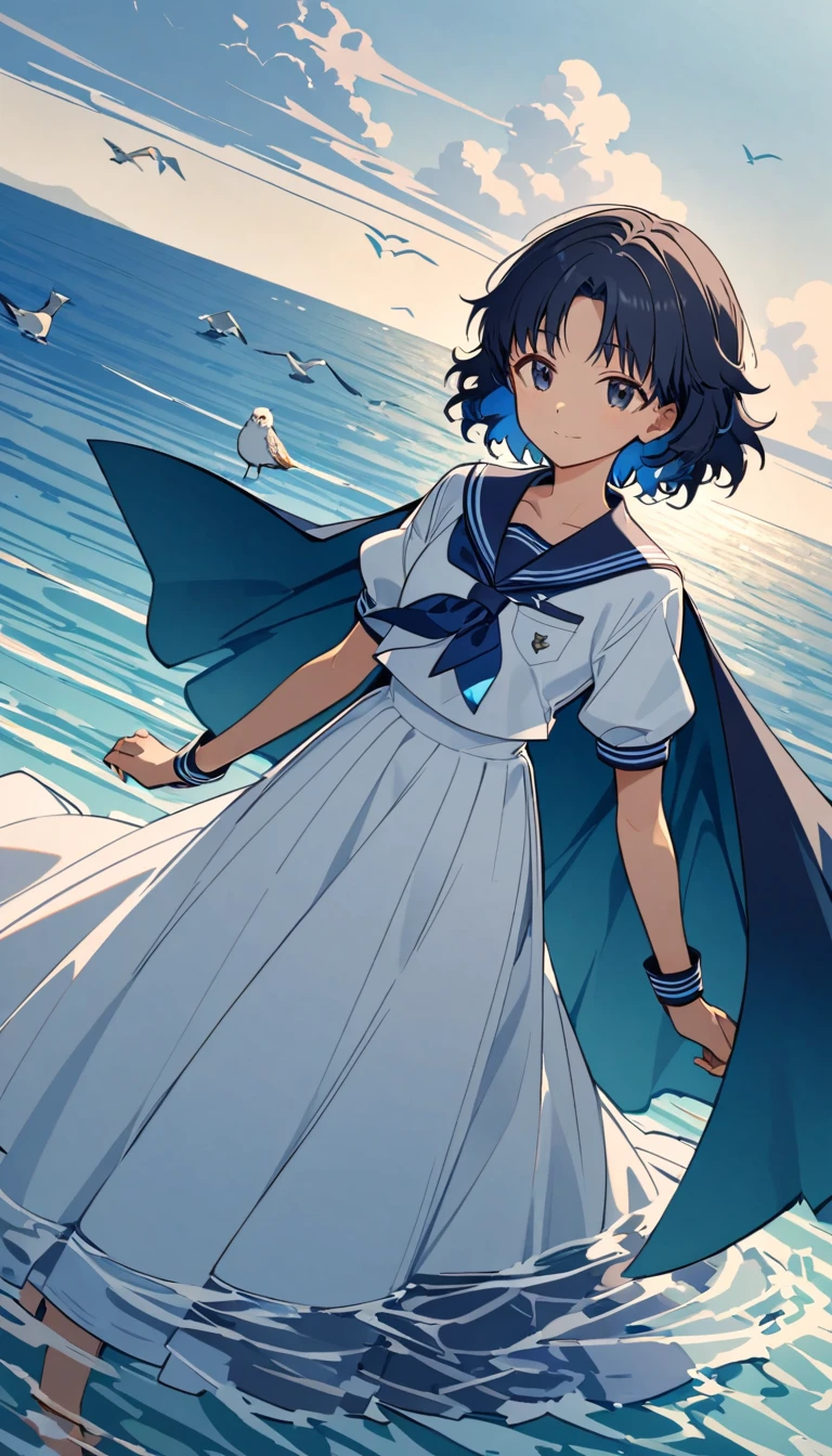 mizunashi akari, uniform, dress, white dress, Have, Sailor collar,Pocket on left chest,Blue lined pocket,Short sleeve,Puff sleeves,Cuff turn-up,two blue lines, Ocean, On the water, null, cloud, Outdoor, bird, Dutch Angle, long dress,A-line dress,blue line cape