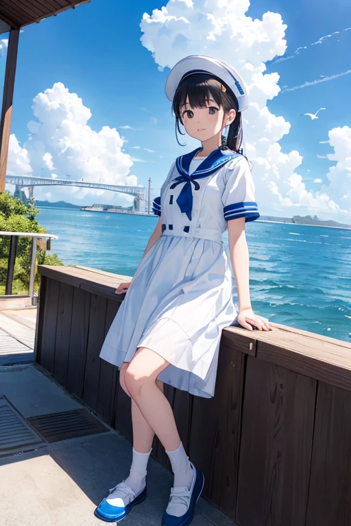 mizunashi akari, uniform, dress, white dress, Have, Sailor collar,Pocket on left chest,Blue lined pocket,Short sleeve,Puff sleeves,Cuff turn-up,two blue lines, Ocean, On the water, null, cloud, Outdoor, bird, Dutch Angle, long dress,A-line dress,blue line cape