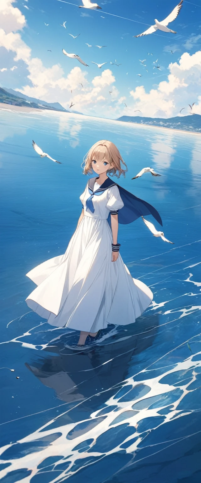 mizunashi akari, uniform, dress, white dress, Have, Sailor collar,Pocket on left chest,Blue lined pocket,Short sleeve,Puff sleeves,Cuff turn-up,two blue lines, Ocean, On the water, null, cloud, Outdoor, bird, Dutch Angle, long dress,A-line dress,blue line cape