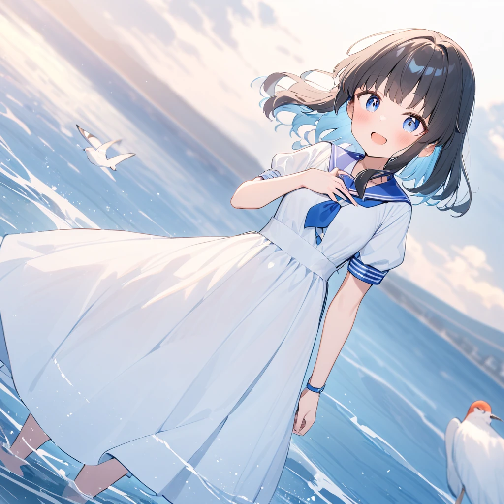 mizunashi akari, uniform, dress, white dress, Have, Sailor collar,Pocket on left chest,Blue lined pocket,Short sleeve,Puff sleeves,Cuff turn-up,two blue lines, Ocean, On the water, null, cloud, Outdoor, bird, Dutch Angle, long dress,A-line dress,blue line cape