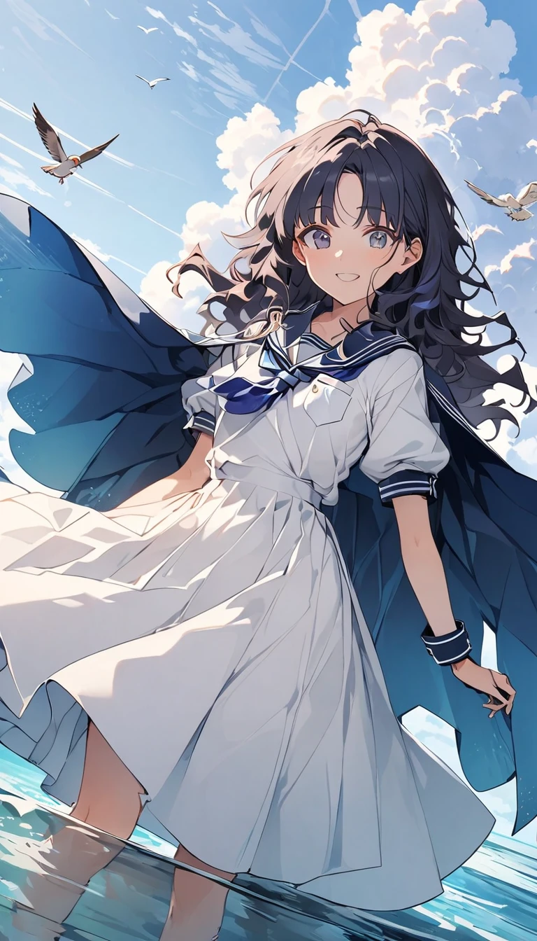 mizunashi akari, uniform, dress, white dress, Have, Sailor collar,Pocket on left chest,Blue lined pocket,Short sleeve,Puff sleeves,Cuff turn-up,two blue lines, Ocean, On the water, null, cloud, Outdoor, bird, Dutch Angle, long dress,A-line dress,blue line cape