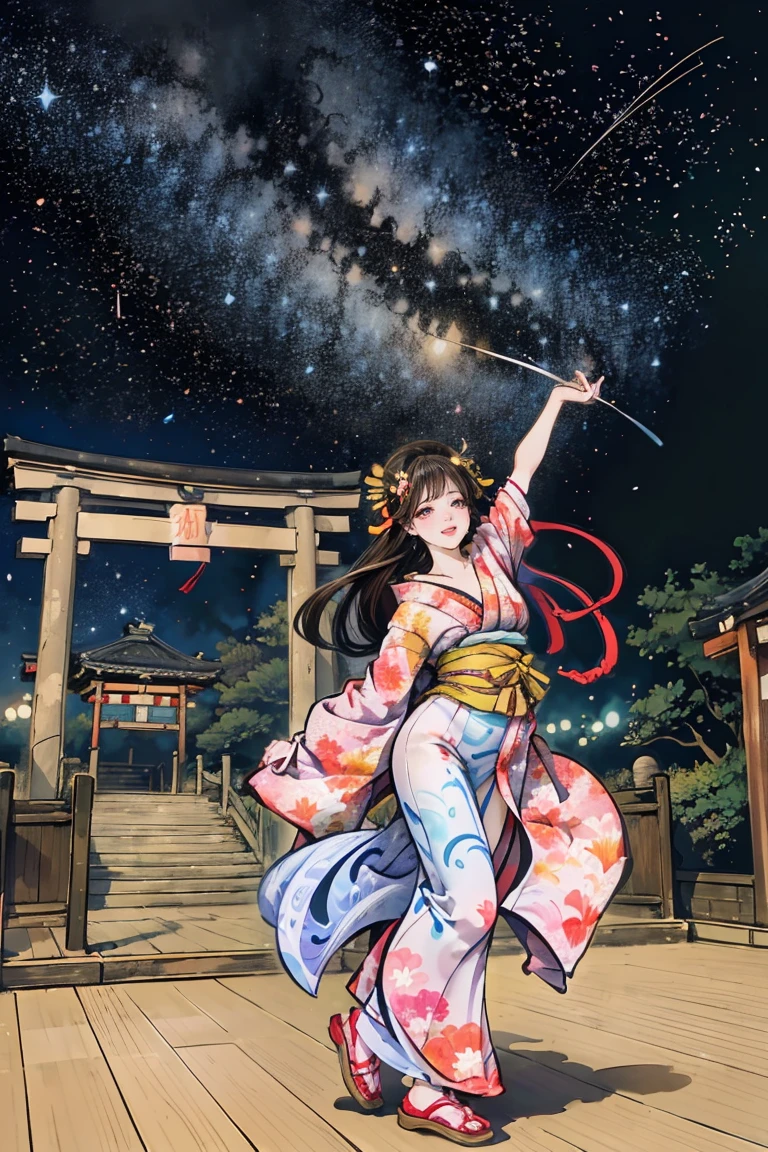 ( creates amazing digital illustrations of beautiful women wearing kimonos), Beautiful woman smiling, Showing upper white teeth, Brightly colored Ukiyo-e style illustration, Brownish black long hair, Beautiful full body style, ((If you want to dance, Dancing to Tokyo Ondo, All right, all right.)), Beautiful New Digital Painting, Bright and vibrant digital anime art, beautiful anime illustration art, The torii gate of a Japanese shrine is in the background., Starry Sky, milky way, Shooting Star, Unique creations and one-of-a-kind depictions , 