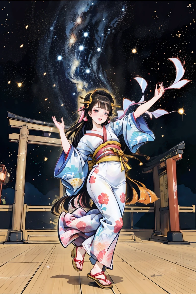 ( creates amazing digital illustrations of beautiful women wearing kimonos), Beautiful woman smiling, Showing upper white teeth, Brightly colored Ukiyo-e style illustration, Brownish black long hair, Beautiful full body style, ((If you want to dance, Dancing to Tokyo Ondo, All right, all right.)), Beautiful New Digital Painting, Bright and vibrant digital anime art, beautiful anime illustration art, Torii gate of a Japanese shrine, Starry Sky, milky way, Shooting Star, Unique creations and one-of-a-kind depictions , 