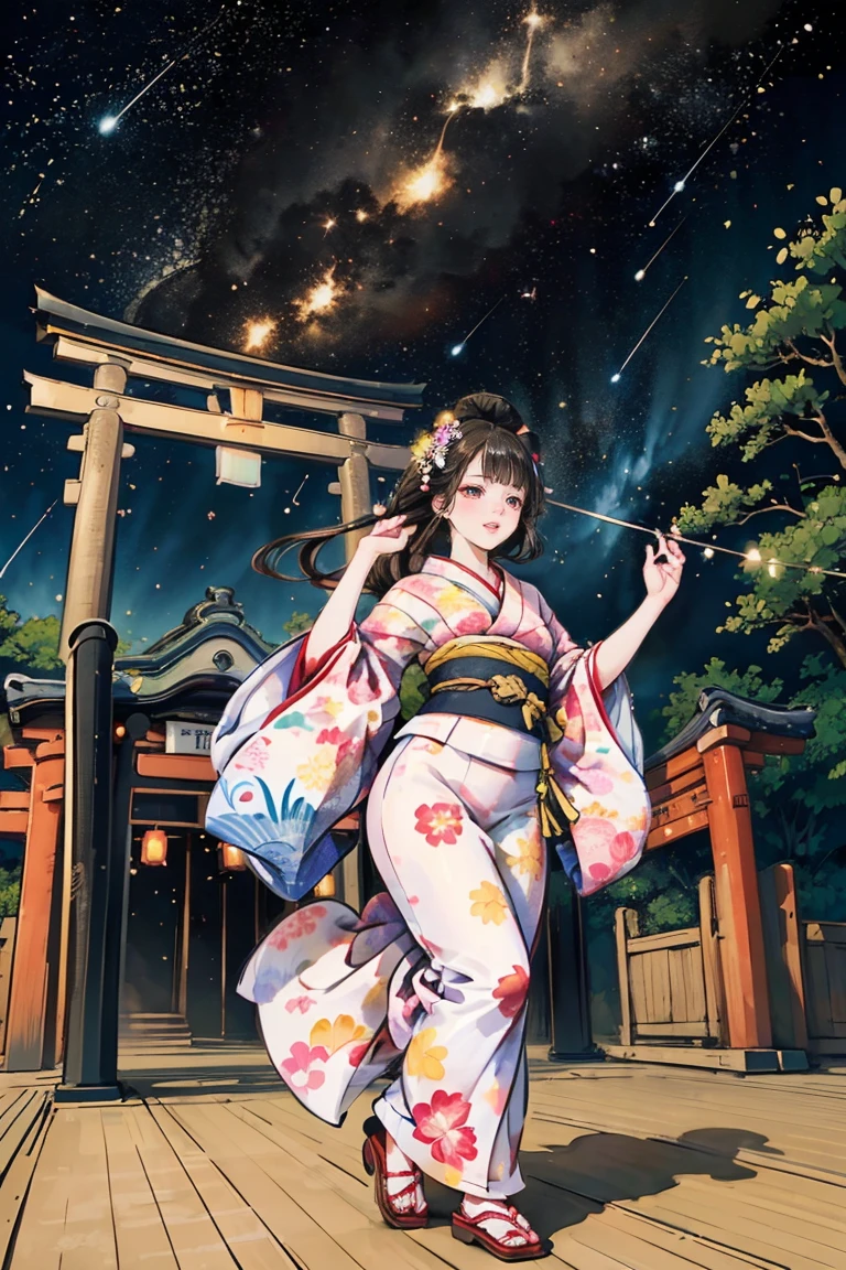 ( creates amazing digital illustrations of beautiful women wearing kimonos), Beautiful woman smiling, Showing upper white teeth, Brightly colored Ukiyo-e style illustration, Brownish black long hair, Beautiful full body style, ((If you want to dance, Dancing to Tokyo Ondo, All right, all right.)), Beautiful New Digital Painting, Bright and vibrant digital anime art, beautiful anime illustration art, Torii gate of a Japanese shrine, Starry Sky, milky way, Shooting Star, Unique creations and one-of-a-kind depictions , 