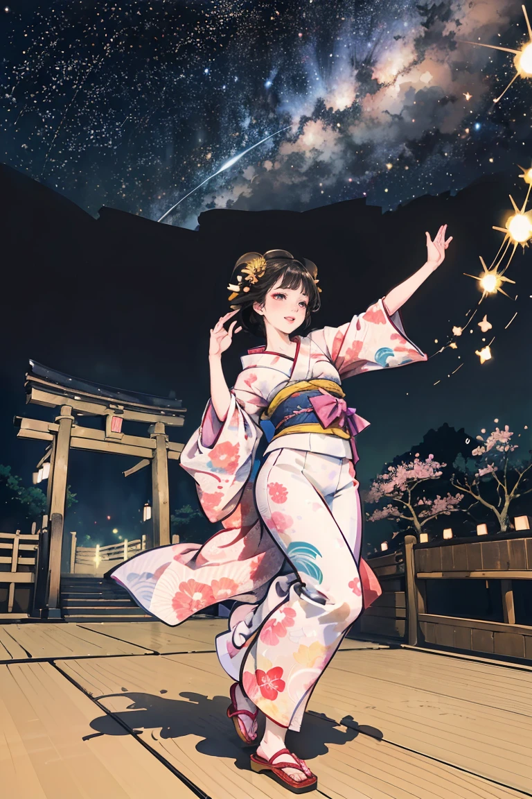 ( creates amazing digital illustrations of beautiful women wearing kimonos), Beautiful woman smiling, Showing upper white teeth, Brightly colored Ukiyo-e style illustration, Brownish black long hair, Beautiful full body style, ((If you want to dance, Dancing to Tokyo Ondo, All right, all right.)), Beautiful New Digital Painting, Bright and vibrant digital anime art, beautiful anime illustration art, Torii gate of a Japanese shrine, Starry Sky, milky way, Shooting Star,  unique creations and depictions, 