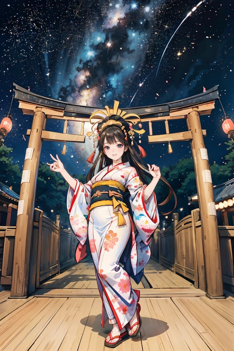 ( creates amazing digital illustrations of beautiful women wearing kimonos), Beautiful woman smiling, Showing upper white teeth, Brightly colored Ukiyo-e style illustration, Brownish black long hair, Beautiful full body style, ((If you want to dance, Dancing to Tokyo Ondo, All right, all right.)), Beautiful New Digital Painting, Bright and vibrant digital anime art, beautiful anime illustration art, Torii gate of a Japanese shrine, Starry Sky, milky way, Shooting Star,  unique creations and depictions, 