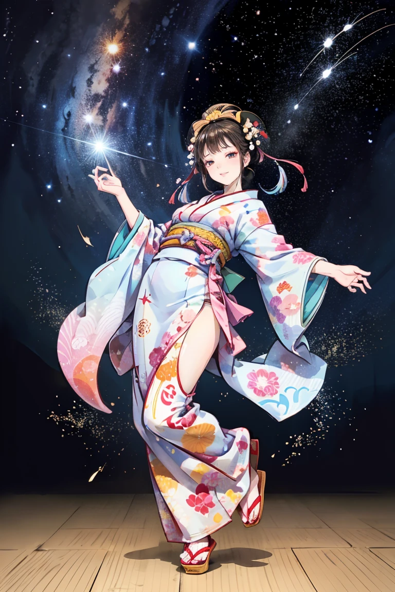 ( creates amazing digital illustrations of beautiful women wearing kimonos), Beautiful woman smiling, Showing upper white teeth, Brightly colored Ukiyo-e style illustration, Brownish black long hair, Beautiful full body style, ((If you want to dance, Dancing to Tokyo Ondo, All right, all right.)), Beautiful New Digital Painting, Bright and vibrant digital anime art, beautiful anime illustration art, Japanese Shrines, Starry Sky, milky way, Shooting Star,  unique creations and depictions, 