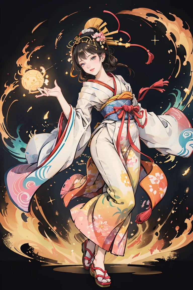 ( creates amazing digital illustrations of beautiful women wearing kimonos), Beautiful woman smiling, Showing upper white teeth, Brightly colored Ukiyo-e style illustration, Brownish black long hair, Beautiful full body style, ((If you want to dance, Dancing to Tokyo Ondo, All right, all right.)), Beautiful New Digital Painting, Bright and vibrant digital anime art, beautiful anime illustration art, Japanese Shrines, Starry Sky, milky way, Shooting Star,  unique creations and depictions, 