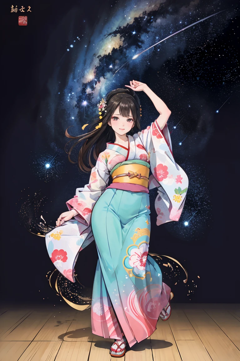 ( creates amazing digital illustrations of beautiful women wearing kimonos), Beautiful woman smiling, Showing upper white teeth, Brightly colored Ukiyo-e style illustration, Brownish black long hair, Beautiful full body style, ((If you want to dance, Dancing to Tokyo Ondo, All right, all right.)), Beautiful New Digital Painting, Bright and vibrant digital anime art, beautiful anime illustration art, Japanese Shrines, Starry Sky, milky way, Shooting Star,  unique creations and depictions, 