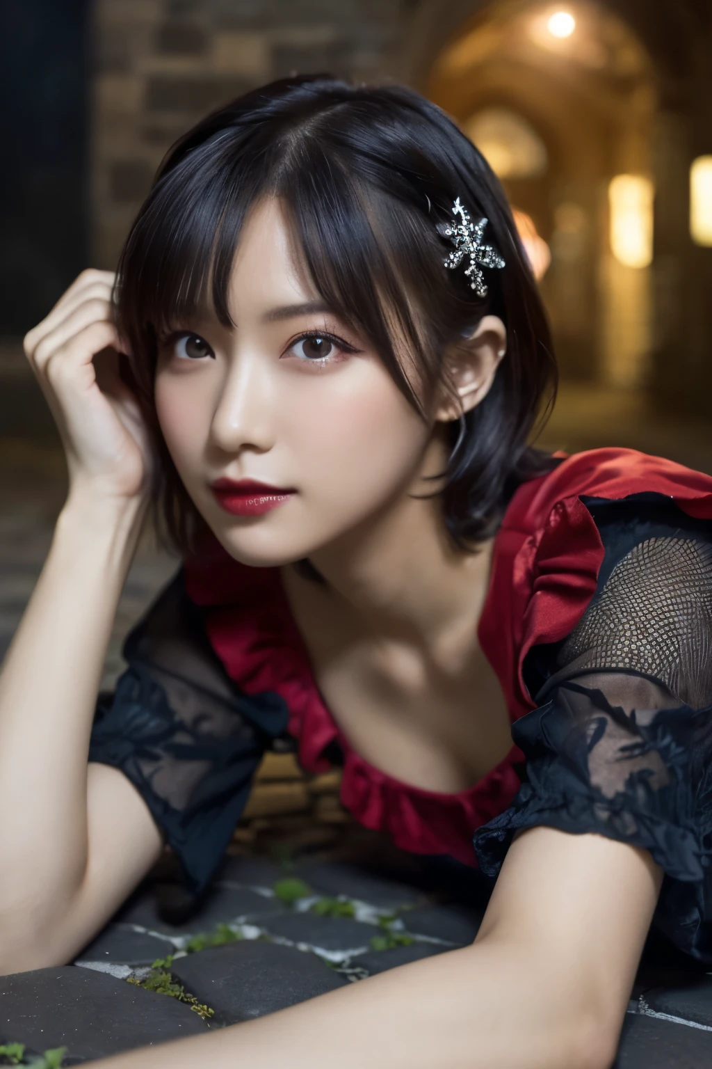 1 girl, (She is wearing a red dress:1.3), (Gothic Makeup),    Portrait of an adorable Japanese symphonic metal singer, (RAW Photo Best Quality), (Realistic, Realistic:1.4), (masterpiece), 
But delicate and beautiful,   very detailed, 2k wallpaper, wonderful, finely,   very detailed CG Unity 8K wallpaper,   very detailed,  high res, Soft light, 
 Beautiful girl with attention to detail ,   very detailed目と顔, A beautiful and elegant nose,   beautiful beautiful eyes, Cinema Lighting, 
(Girl full body silhouette), (background、  It's an abandoned medieval European city at night   :1.4), ( Girl lying on cobblestones   :1.3), (Dark screen:1.5),
(short hair), (Messy Hair), (Indigo Color Scheme),
 Perfect Anatomy, Slender body, Small breasts