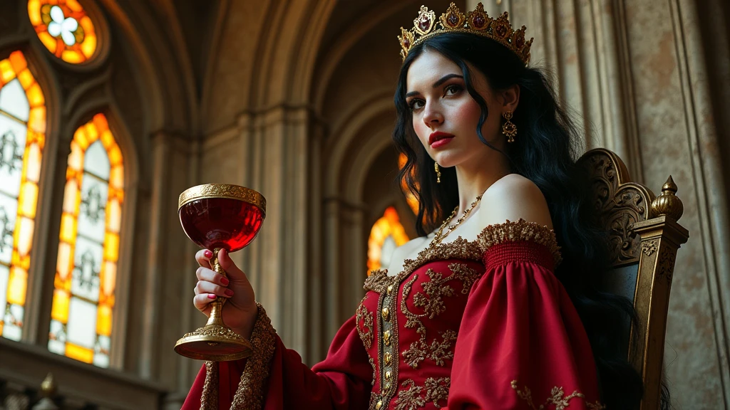 Art Nouveau style, close-up portrait of a regal vampire lady on an ornate gothic balcony. She holds a golden goblet filled with ruby wine, her expression serene and powerful. The balcony is elaborately carved with gothic motifs, and in the background, stained-glass windows glow with warm light. Emphasis on rich textures, luxurious details, and a sense of aristocratic elegance, colorful.
