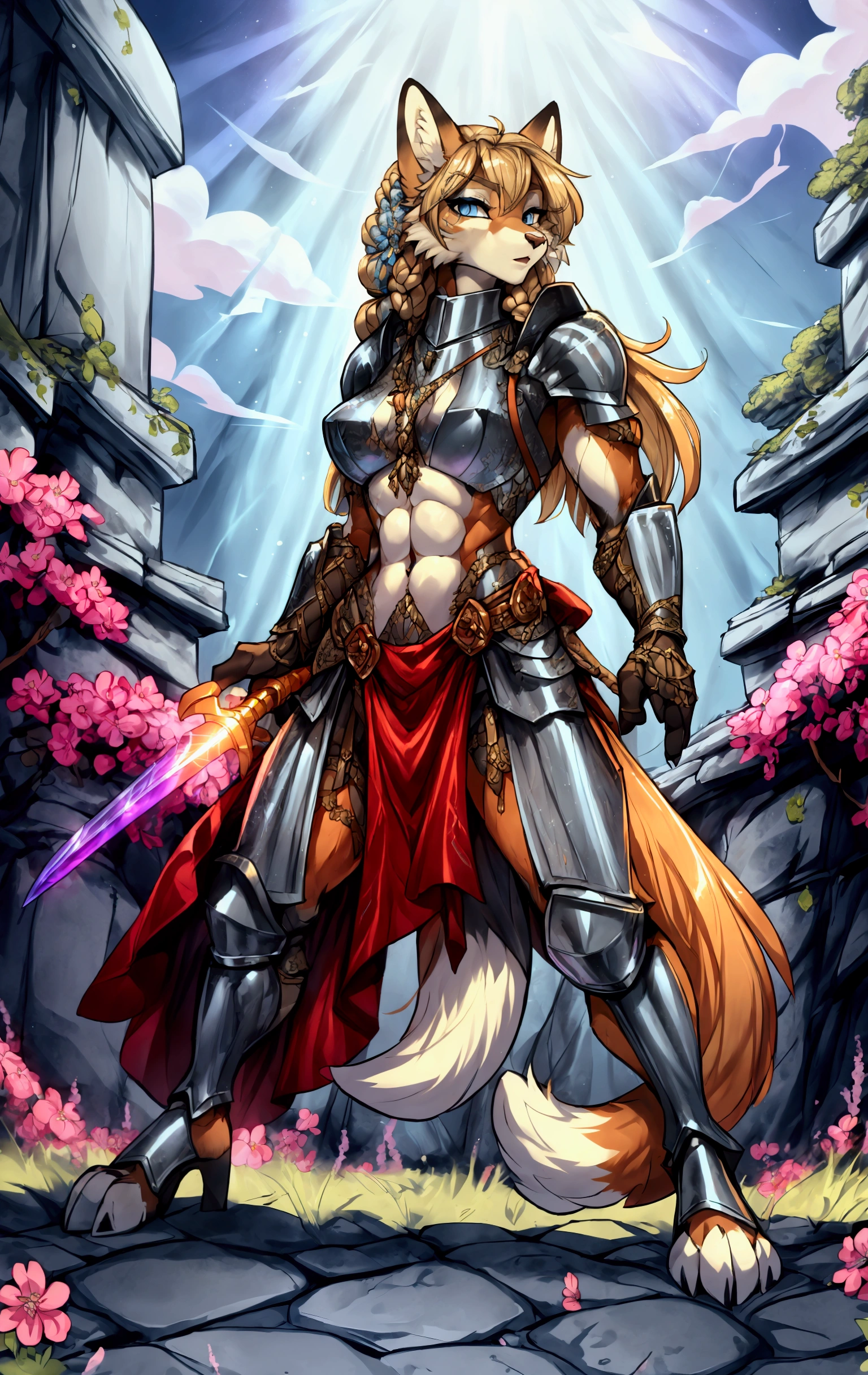 Anthropomorphic fox, female, knight armor, long flowing flowery braided blonde hairstyle, holding a sword, vibrant colors, fantasy battlefield background, muscular, well-toned abs, sexy, longsword fighting stance