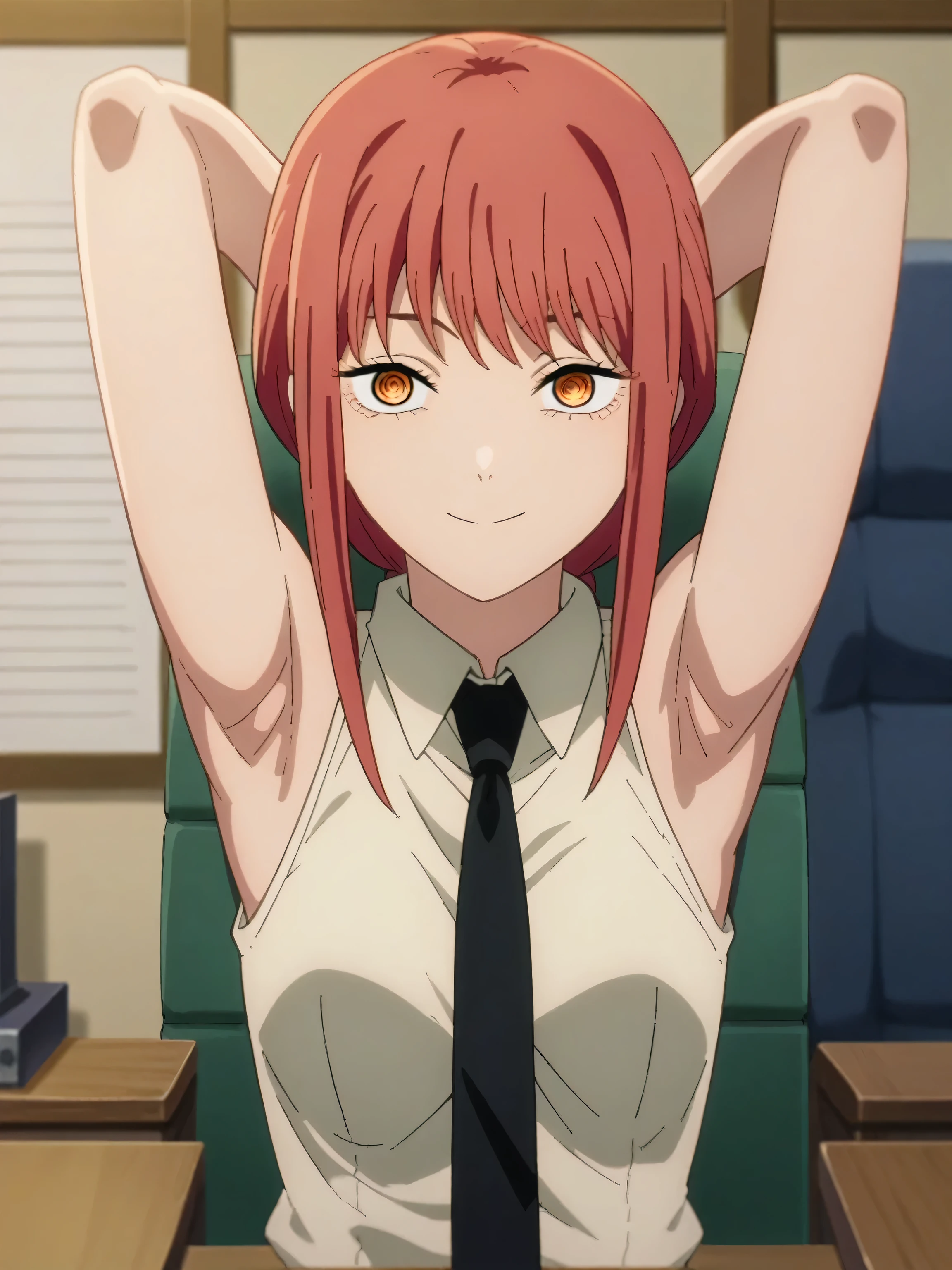 score_9, score_8_up, score_7_up, source_anime, anime screencap, 1girl, solo, indoors, japanese office, mak1ma0, red hair, long hair, ringed eyes, white collared shirt, sleeveless shirt, black necktie, sleeveless, looking at viewer, head towards viewer, arms behind head, armpits, smile, closed mouth,