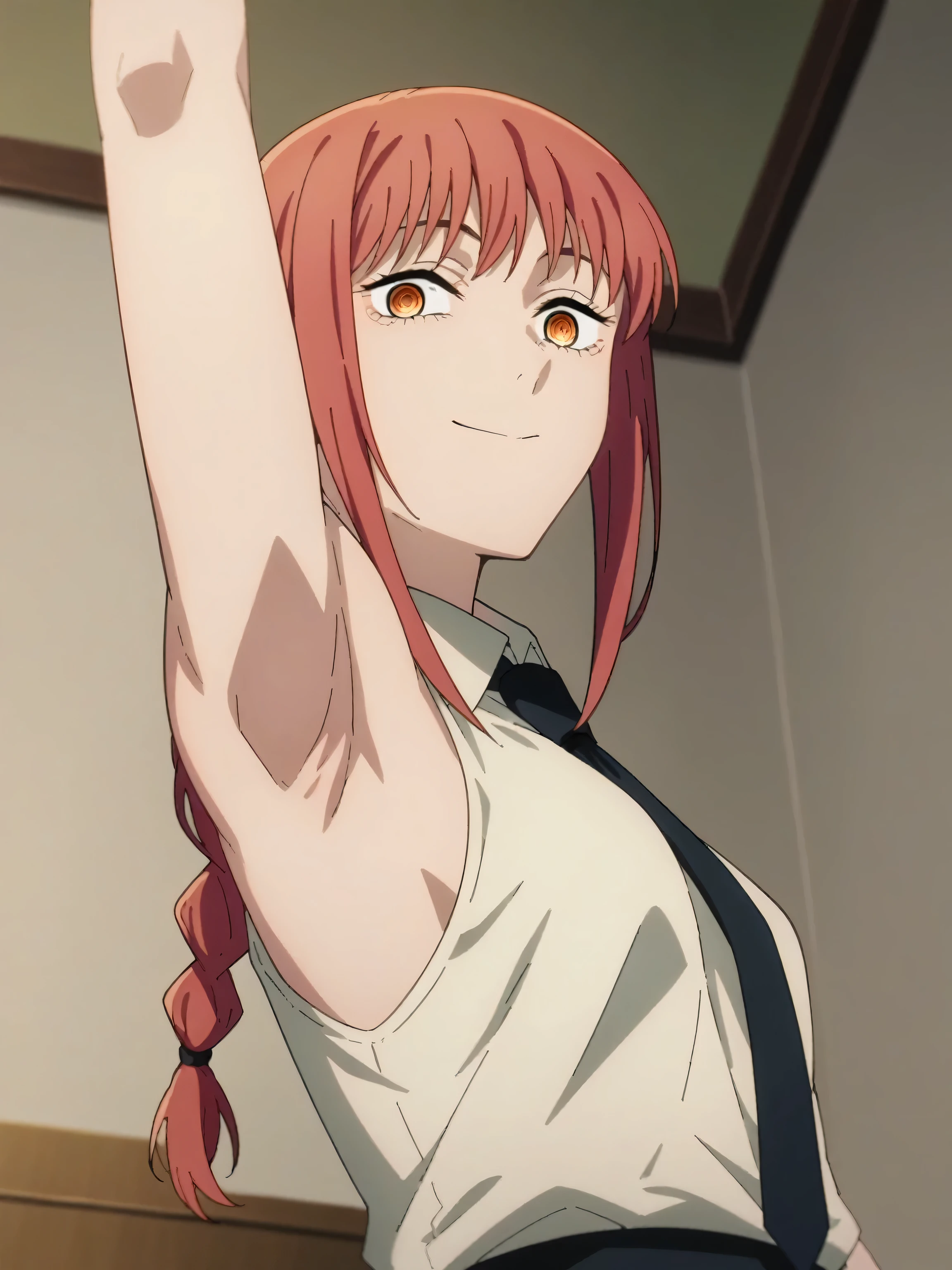 score_9, score_8_up, score_7_up, source_anime, anime screencap, 1girl, solo, indoors, japanese office, mak1ma0, red hair, long hair, ringed eyes, white collared shirt, sleeveless shirt, black necktie, sleeveless, looking at viewer, head towards viewer, arms behind head, armpits, smile, closed mouth,