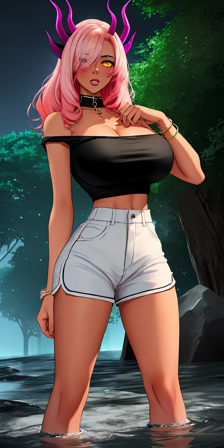 masterpiece, ultra high-quality, extremely detail 8k cg, high resolution, 1girl, mature female, trickywi, pink hair, horns, dark skin, hair over one eye, dark-skinned female, yellow eyes, navel, bare shoulders, cleavage, bare shoulders, jewelry, large breasts, collarbone, choker, bracelet, black shorts, dolphin shorts, black shirt, crop top, collarbone, choker, titsonastick, standing, night time, outdoors, forest, raining, flood, thunderstorm