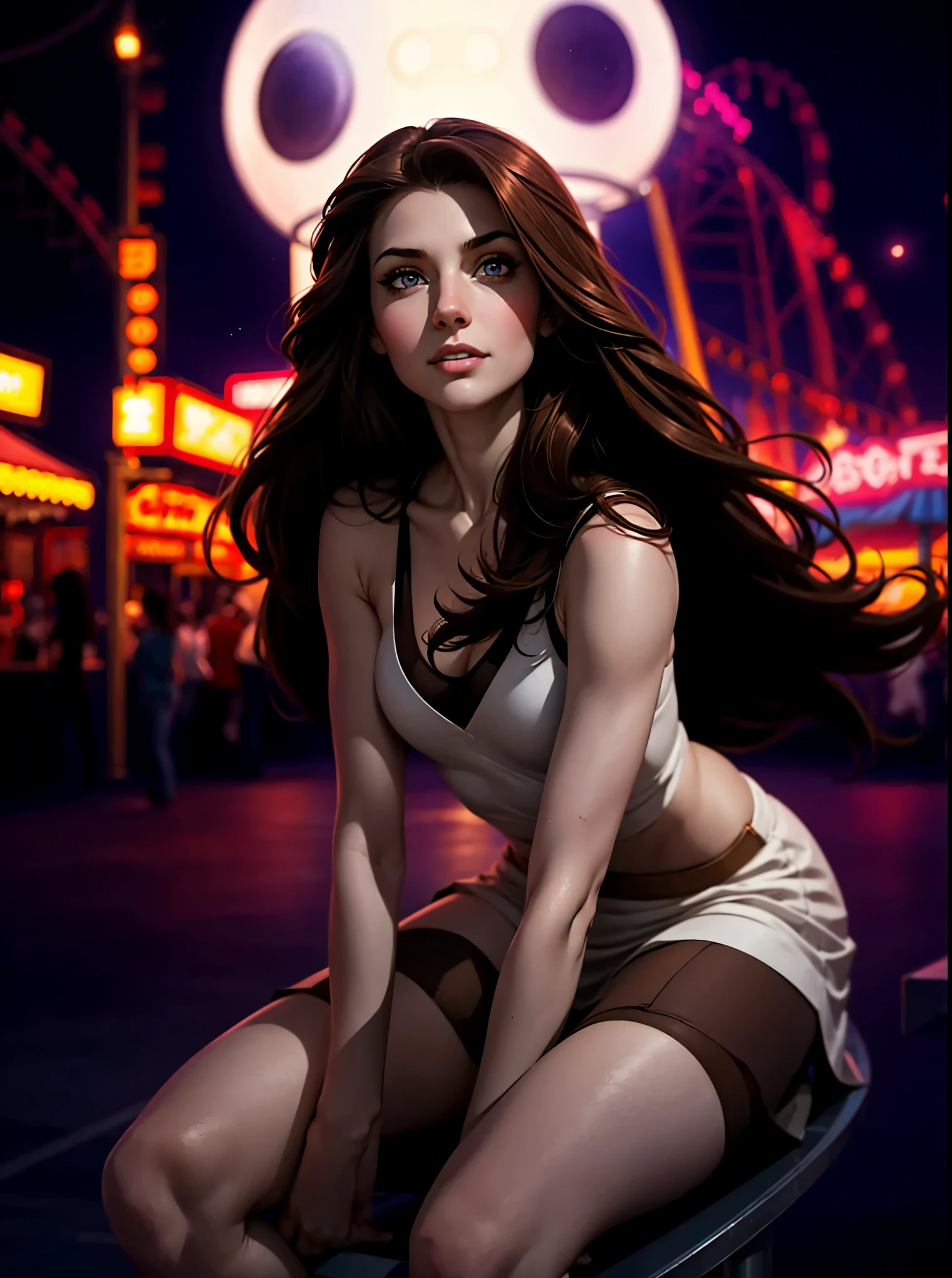 girl, long brown hair, Grey Eyes,  Sharp Features , White skin, in amusement park, at night, from knee up,