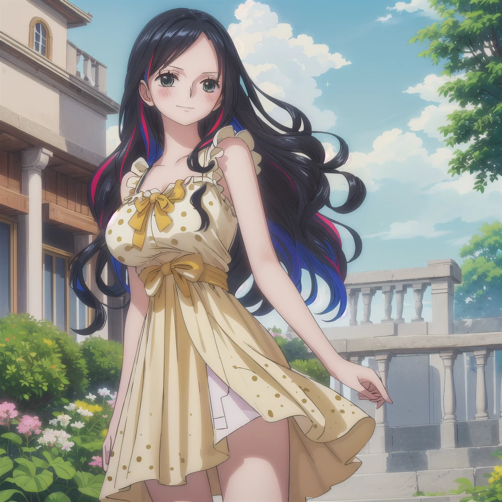 1 girl,  high resolution , long hair, Blush, Rice, black hair, brilliance, Action painting,  Anatomically correct , HD model, yellow dress,  strap dress, polka dot dress, dress with side slit, Underwear, gray eyes, light skin, shiny hair, wavy hair, hair in the wind, big breasts, Shame on the nose, happy/happy, Multi-colored hair, Raising eyebrows, bright eyes, sparkling pupils, Perspective, Vanishing point, simple background, Verdant skyline, garden, Alone, silhouette, sword, Pillarboxed, 