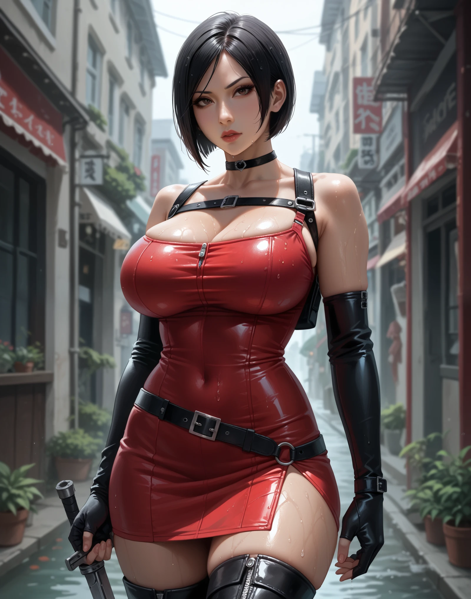 Digital illustration of a sexy female character with huge breasts Ada Wong with a confident posture. She has a fair skin tone, short straight black hair, and a serious facial expression. She is dripping wet dressed in a long-sleeved red dress, with black leather harness and gloves. The outfit is completed with a weapon cold on the right thigh and a scabbard, both attached to a black belt. She is also wearing thigh-high black leather boots. The background is solid black, making the character the focal point of the image, anime, anatomically correct, super detailed, high quality, 4K, high details, super detailed,