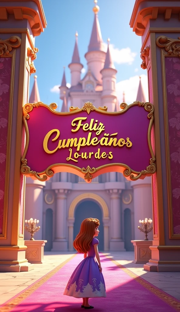 Princess Sofia in the castle with a banner with the text "feliz cumpleaños Lourdes" the text in 3D 