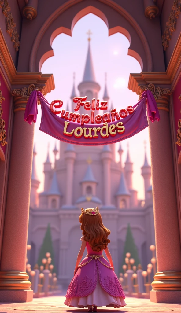 Princess Sofia in the castle with a banner with the text "feliz cumpleaños Lourdes" the text in 3D 