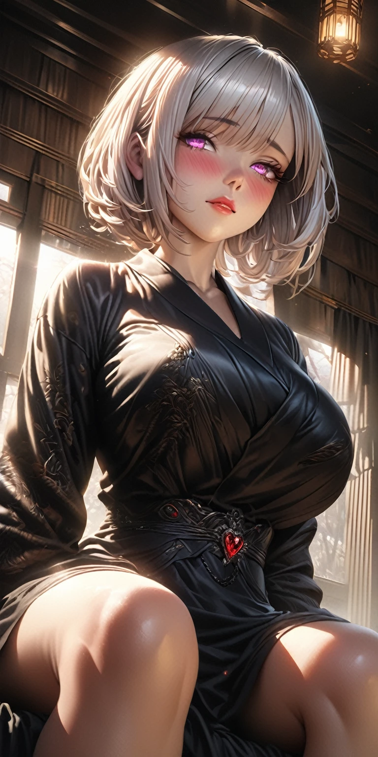 A girl with silver bobcut hair, in a black housecoat, Japanese heart shapes near face, blushing face, massive breasts, (low angle view), sitting on bed, detailed face, extremely detailed eyes, beautiful detailed lips, realistic, photorealistic, hyper detailed, 8k, masterpiece, vibrant colors, dramatic lighting, elegant, ethereal, digital art