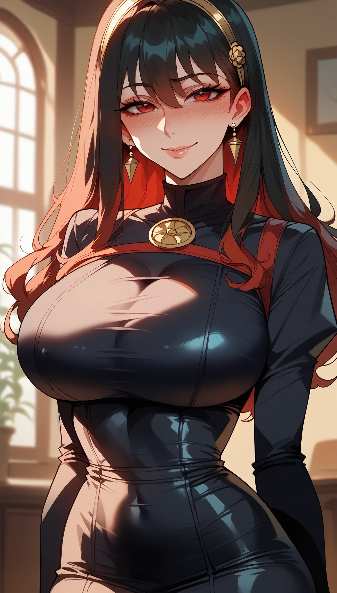 black hair、long and straight hair、Spy x Family、Yor Forger、mature woman、shiny hair、(big breasts),tight waist、thin waist、shiny skin、black dress、Beleza、erotic、smile、blushed,