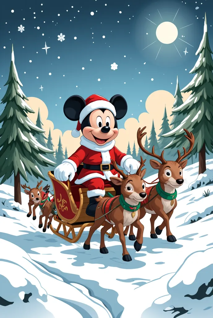 draw mickey mouse dressed as santa claus and riding in a sleigh pulled by reindeer, all in christmas drawing style