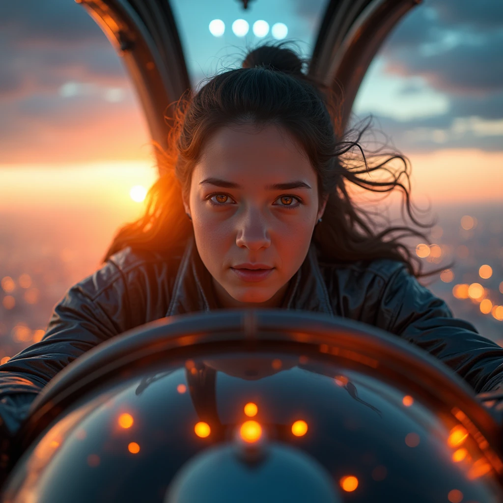 A dynamic close-up shot of a super-powered girl, her eyes glowing with energy, maneuvering a sleek, futuristic light ship in the sky. The ship is illuminated by the golden hour sunlight, casting a warm glow on her determined face. She is in a dynamic pose, hands gripping the controls, with the vast expanse of the sky and distant cityscape visible through the cockpit window. The composition is balanced, with the girl and ship at the center, framed by the glowing sky and city lights below. ultra detailed skin with pores, horizon, sharp light and shadows, neon lights. sci-fi, cyberpunk, cityscape, panorama, ray tracing, DSLR, UHD, 8k, photorealistic, masterpiece, award-winning