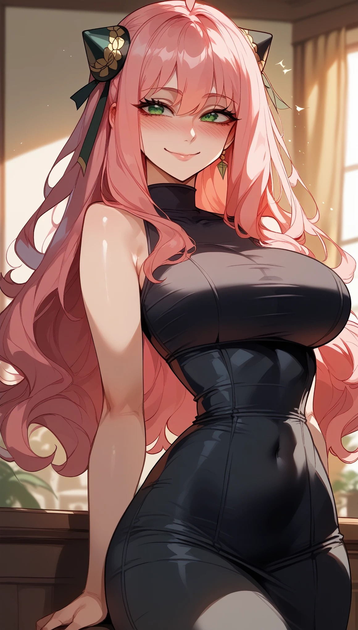 pink hair、long and straight hair、green eyes、Spy x Family、Anya Forger、mature woman、shiny hair、(big breasts),tight waist、thin waist、shiny skin、black dress、Beleza、erotic、smile、blushed,