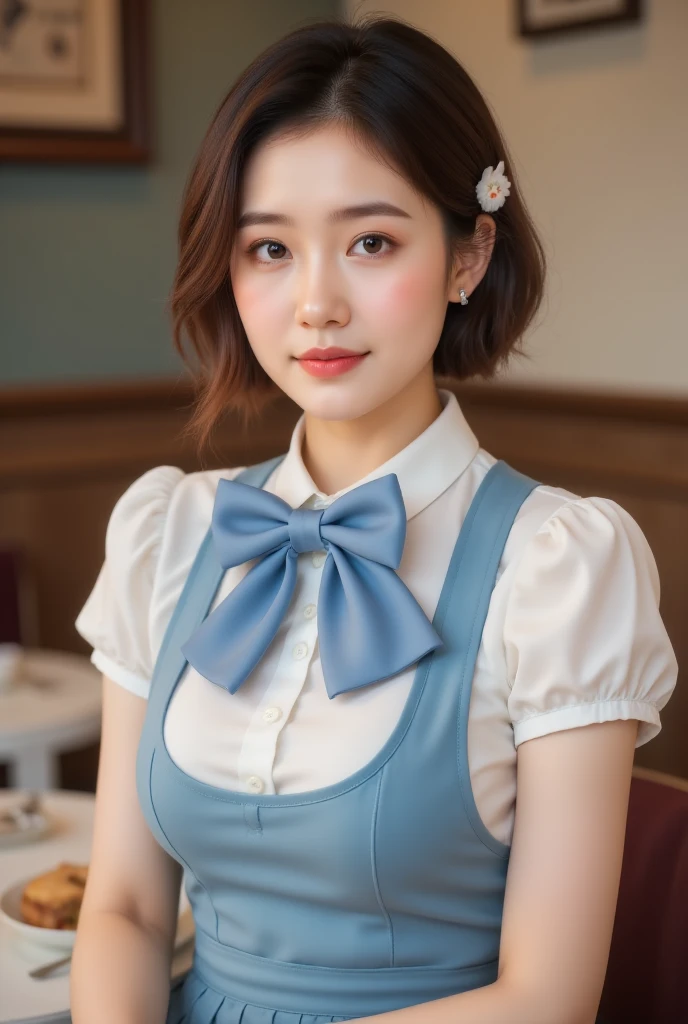 beauty: 1.3),one person,masterpiece, highest quality,  ultra high resolution,Rich contrast,Ultra-high quality,8K, Very detailed CG unit wallpaper,Texture, unbelievably absurd , ultra high resolution,Original photo,Depth of Field 1.2,All staff, [Blue Bow, [Blue Bowtie, White shirt, Short sleeve, Blue Skirt, Blue Apron, Checkered Apron, staff, High waist skirt, Waitress,(Brown hair,Pointed Bob,Barry Short),Happy,Very narrow eyes,Big eyes,Looks happy, (Perfect hands, Perfect Anatomy), radiant skin ,Cute cat hairpin,Dining room,,beauty有光泽的嘴唇,pin up,((Extreme close-up)), Light Smile ,(Big :1.5),