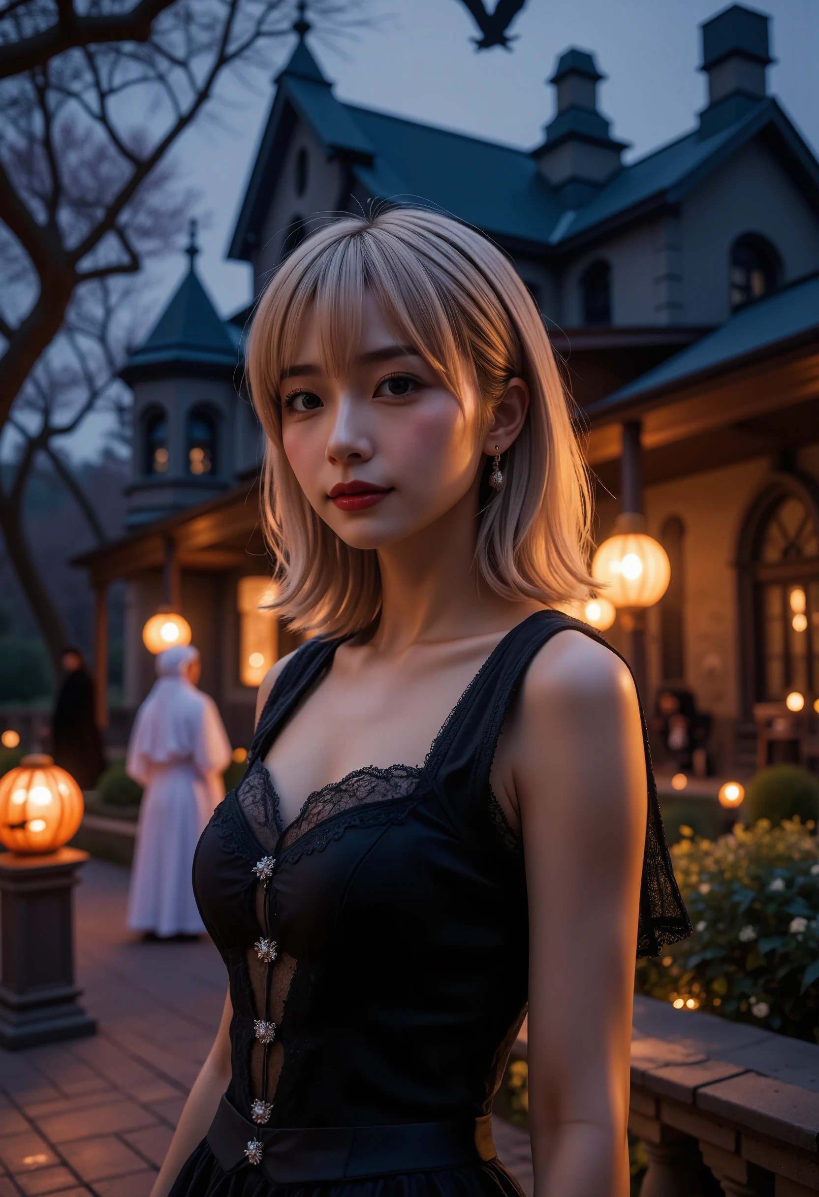  1 girl , Alone、Gal 、Captivating smile、Halloween Costumes
、medium breasts、 Double Bang、blonde、 Brown Eyes 、Glossy lips, light makeup, ,(masterpiece, Best Quality:1.2), Best Quality,  high res, Unity 、4ｋ、8k、A classic Halloween scene, Under the dark night sky, Old mansion with glowing pumpkin lanterns and gothic decoration. Costumed Person々will gather, Including witches, Vampire, And ghosts, I enjoy dancing. The moonlight illuminates the garden, tree々Bats fly between the. Warm orange and deep purple lighting fills the entire scene., It creates a mysterious and slightly eerie atmosphere.. 