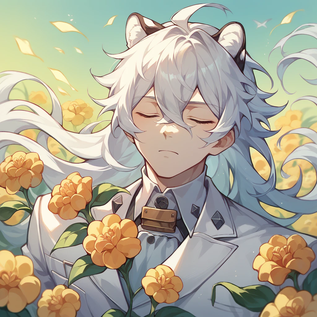 A juvenile tiger, Hairstyle ( long hair), in white suit, with eyes closed, while holding a daffodil, on the face in the middle of a field of flowers behind, bottom, necessary. 