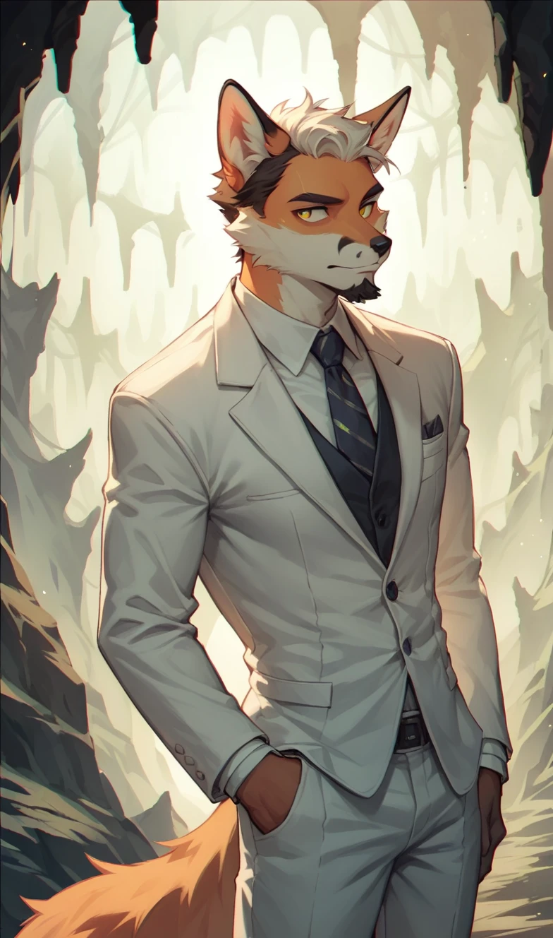 A fox cave, with short beard, white suit, Pompadour hairstyle standing at night in low lighting.