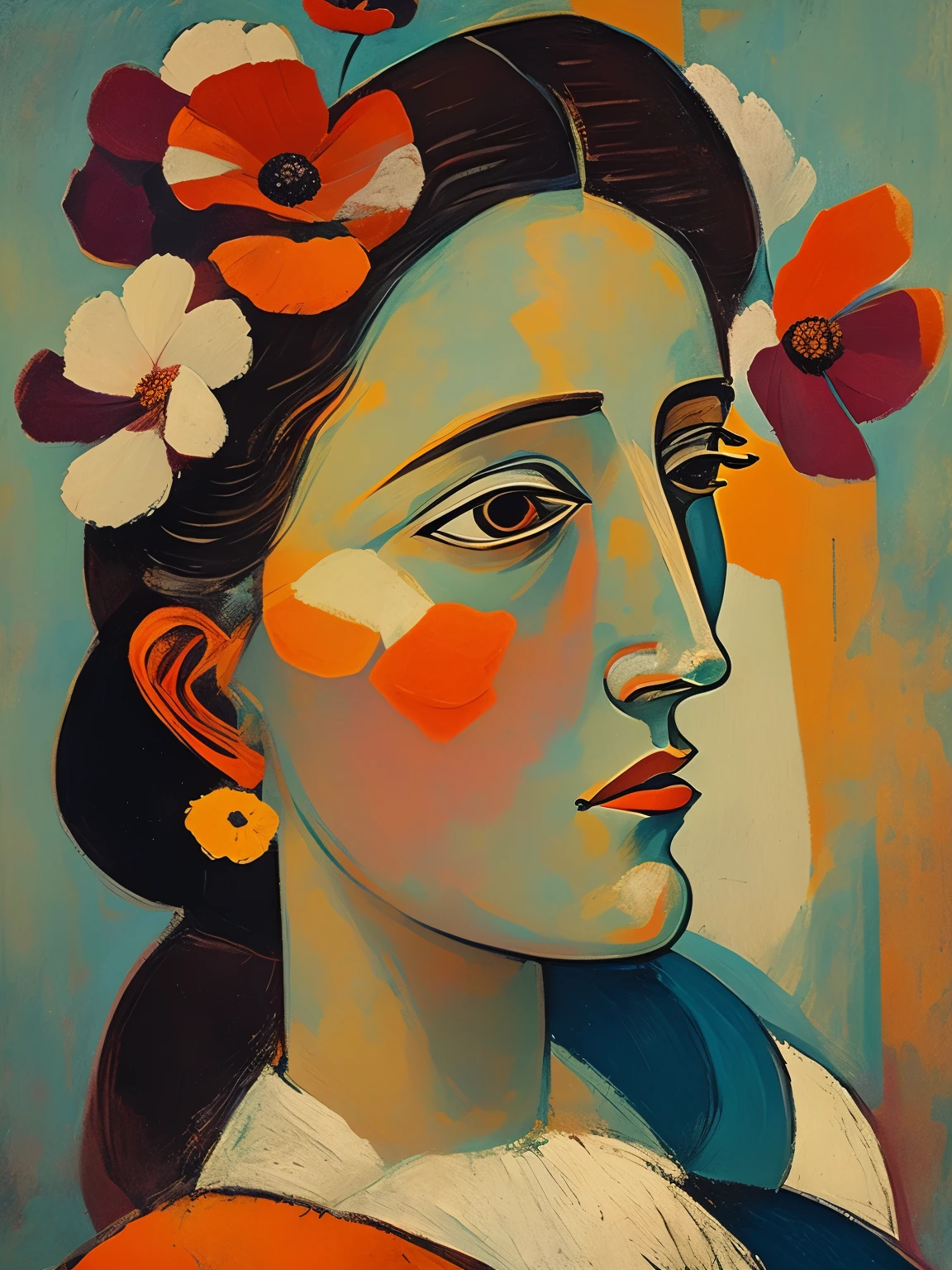 Woman portrait, close up, poppy flowers, picasso style, expresionism, muted colors, artistic composition, 