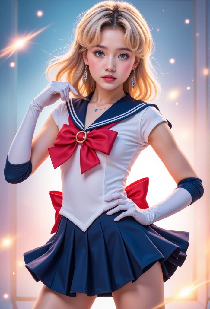 close up,  1 girl, Sailor Suit, Tsukino Usagi, (Sailor Suit chiseki uniform:1.2), (Aqua eyes:0.9), blond,  medium length hair , Wedge Skirt,  Best quality, earrings, masterpiece, high resolution,  intricate details , (Practical)), photography, (White elbow gloves:1.1), Jewelry, Medium breasts, whole body, Dynamic Background, Dynamic poses, White