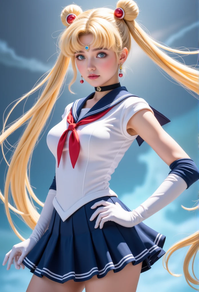 close up,  1 girl, Sailor Suit, Tsukino Usagi, (Sailor Suit chiseki uniform:1.2), (Aqua eyes:0.9), blond,  medium length hair , Wedge Skirt,  Best quality, earrings, masterpiece, high resolution,  intricate details , (Practical)), photography, (White elbow gloves:1.1), Jewelry, Medium breasts, whole body, Dynamic Background, Dynamic poses, White