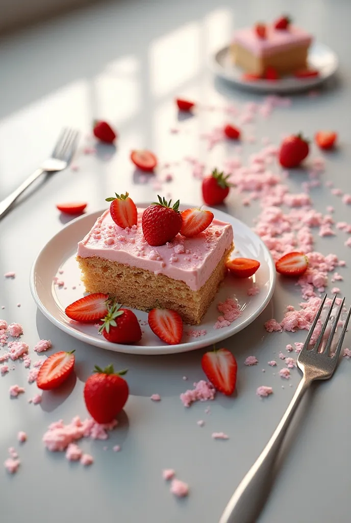 ((masterpiece, highest quality, Highest image quality, High resolution, photorealistic, Raw photo, 8K)), ((Extremely detailed CG unified 8k wallpaper)), A cake that fell to the floor and was crushed, cream and strawberries splattered, a broken plate, a silver fork, seen from above,