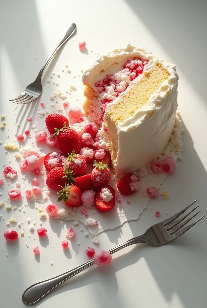 ((masterpiece, highest quality, Highest image quality, High resolution, photorealistic, Raw photo, 8K)), ((Extremely detailed CG unified 8k wallpaper)), A cake that fell to the floor and was crushed, cream and strawberries splattered, a broken plate, a silver fork, seen from above,