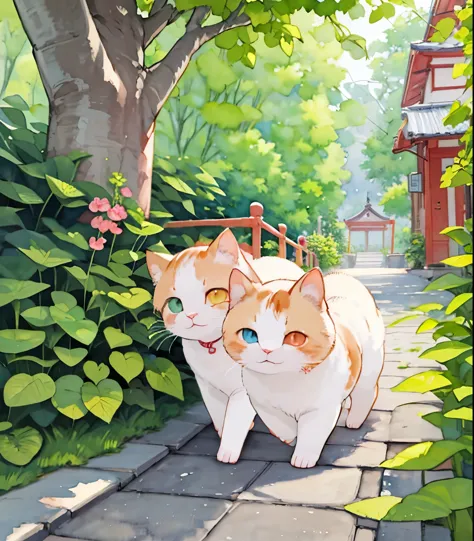 (masterpiece),(Best Quality),( very detailed),( high res),((Line art)),((watercolor)),16k,wallpaper,猫の very detailedな絵、Insane Details、 very detailed猫、 My house with calico cats prowling around 、 A calico Munchkin sits on the promenade、Old Town in Japan、A path lined with plants、tree々Sunshine pours in、Another World、The creation of silence、Long Hit、The target is small、