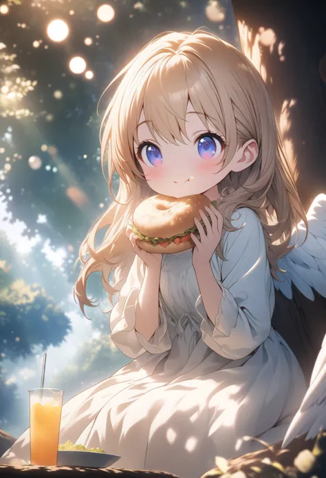 Anime illustration of a little angel sitting in the shade of a tree and eating lunch. She looks very happy. Lunch. Sunlight filtering through the trees. masterpiece, best quality, extremely detailed CG unity 8k wallpaper, bokeh photography, (soft focus):1.2, out-of-focus highlights, dreamy ambiance, glowing circles, mesmerizing depth